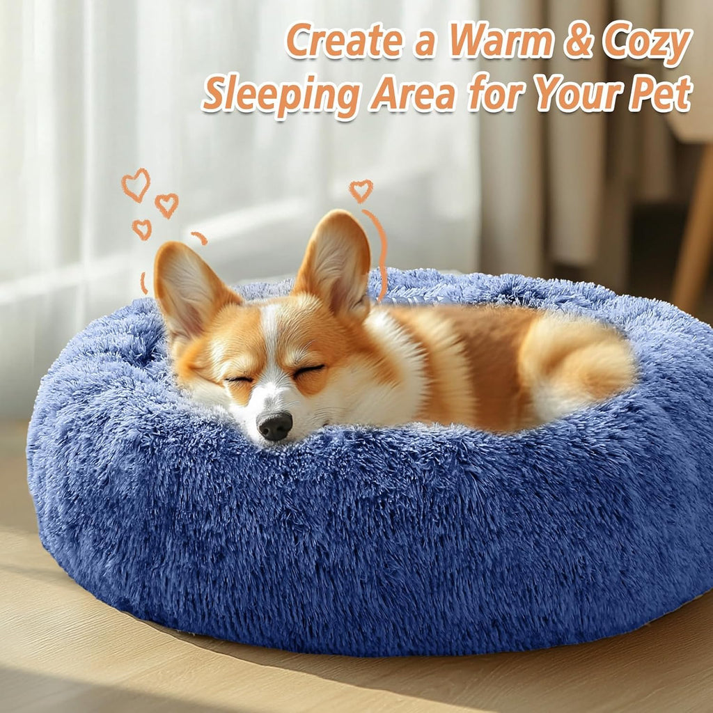 JOLLYVOGUE Calming Dog Beds Extra Large Sized Dog, 45in Donut Washable Large Pet Bed, Anti-Slip & Anti-Anxiety Fluffy Faux Fur Round Dogs Bed, Fits up to 125 lbs Pets (Navy Blue)