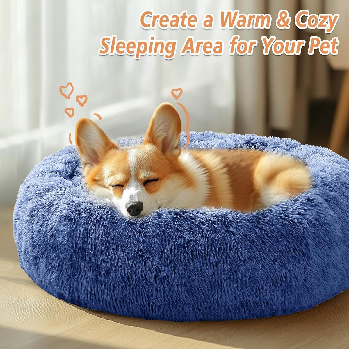 JOLLYVOGUE Calming Dog Beds Extra Large Sized Dog, 45in Donut Washable Large Pet Bed, Anti-Slip & Anti-Anxiety Fluffy Faux Fur Round Dogs Bed, Fits up to 125 lbs Pets (Navy Blue)