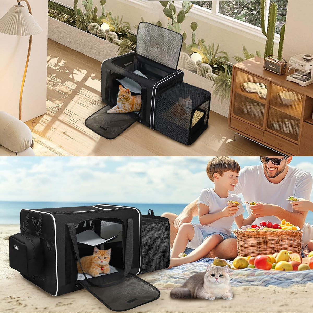 Petskd Side Expandable Extra Large Cat Carrier with Litter Box, Black
