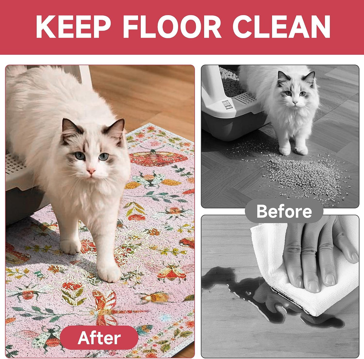 Cat Litter Mat, 24" x 16" Litter Mat, Traps 100% Cat Litter, Non-Slip Litter Box Trapping Mat, Cute Decor Litter Mat, Easy Clean for Scatter Control, Waterproof Urine Protection