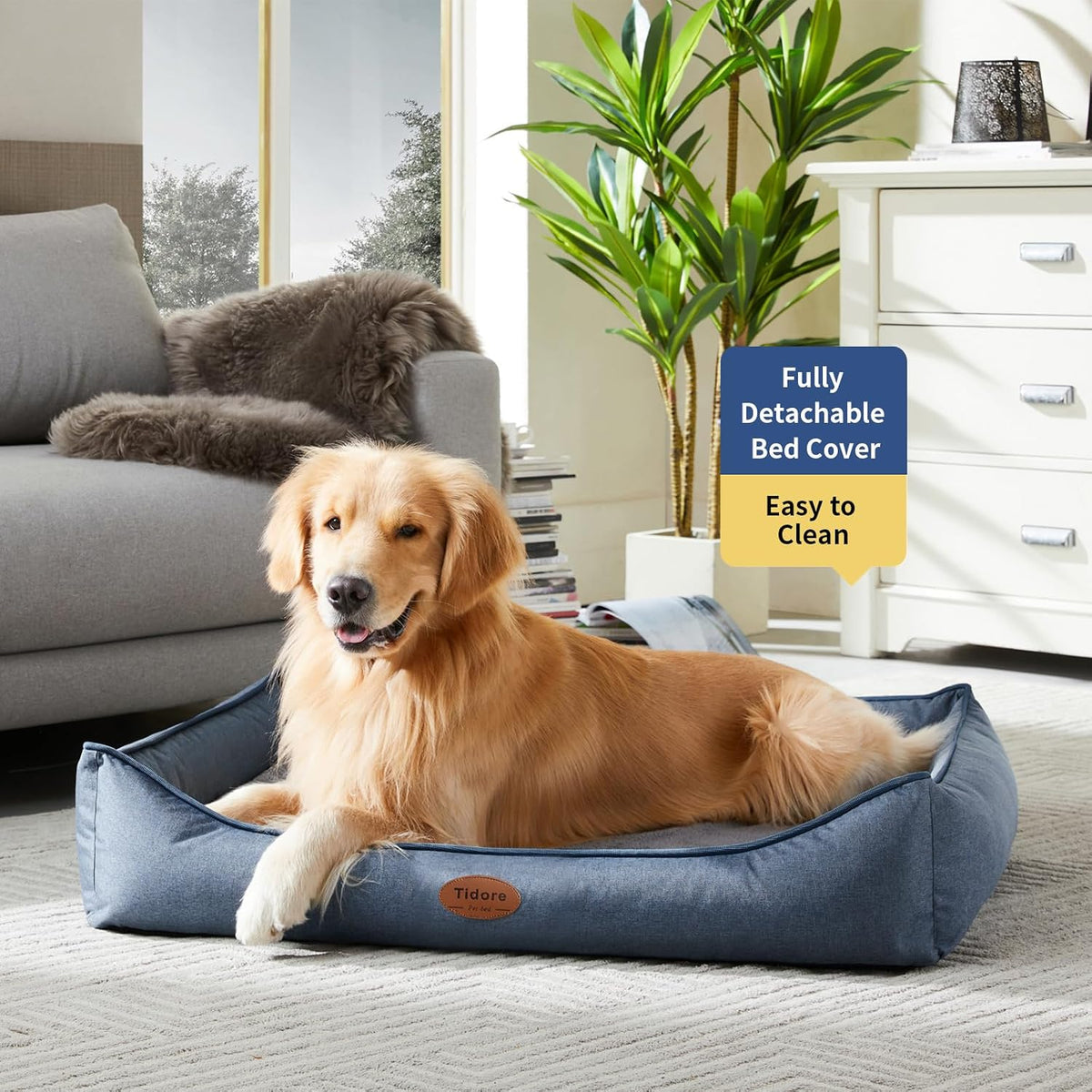 Tidore Orthopedic Dog Beds for Medium Dogs, Durable Egg Crate Foam Sofa Dog Bed wit Washable Removable Cover,Waterproof Lining,Pet Bed for Large Dogs (Denim Blue, 39.4" L x 31.5" W x 7.4" Th)