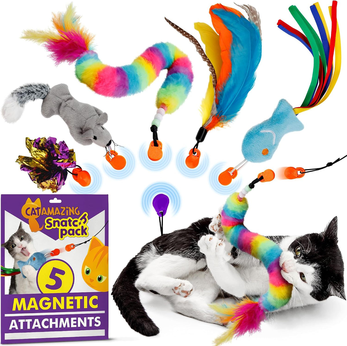 Cat Amazing Snatch Pack - 5 Magnetic Attachments for The Snatch Magnetic Wand Toy - Catnip Mouse, Rattle Snake, Crinkle Fish, Scrunchy Ball and Feather - Cat Teaser Toys - Really Catch!
