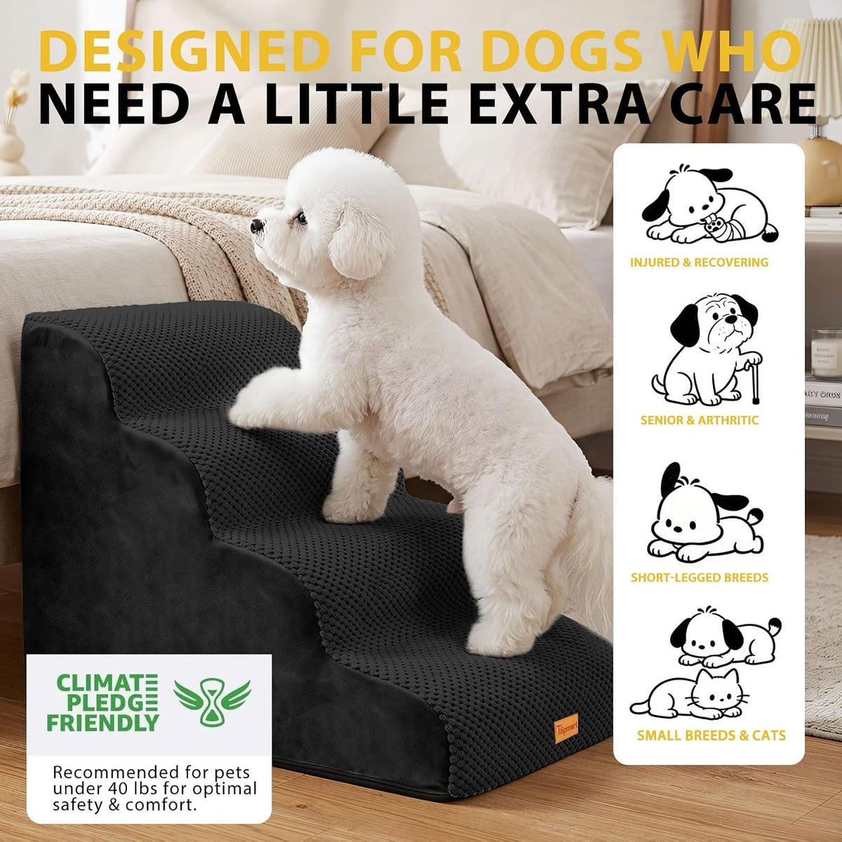 4-Step Dog Stairs for Small Dogs, Non-Slip Foam Pet Steps for High Beds