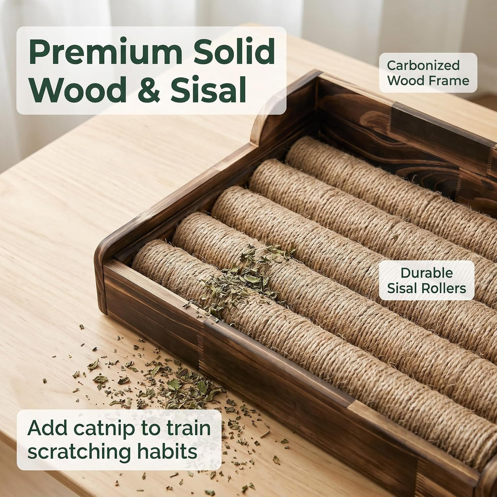 Cat Litter Box Step with Sisal Scratching Post Litter Catcher Mat (Natural) | Multi-Purpose Wood Anti-Tracking Cat Scratcher Bed Litter Box Ramp, Fits Standard Cat Litter Boxes