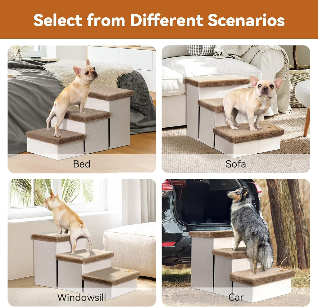 Zerbuger Dog Stairs with Storage Khaki Furry Lids 3 Steps Dog Ramp no Condo