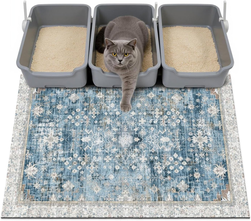 Cat Litter Mat Litter Trapping Mat, 40"x30" Waterproof Urine Proof Litter Box Mat Catcher Mat Non-Slip Washable for Kitty Kitten, Blue