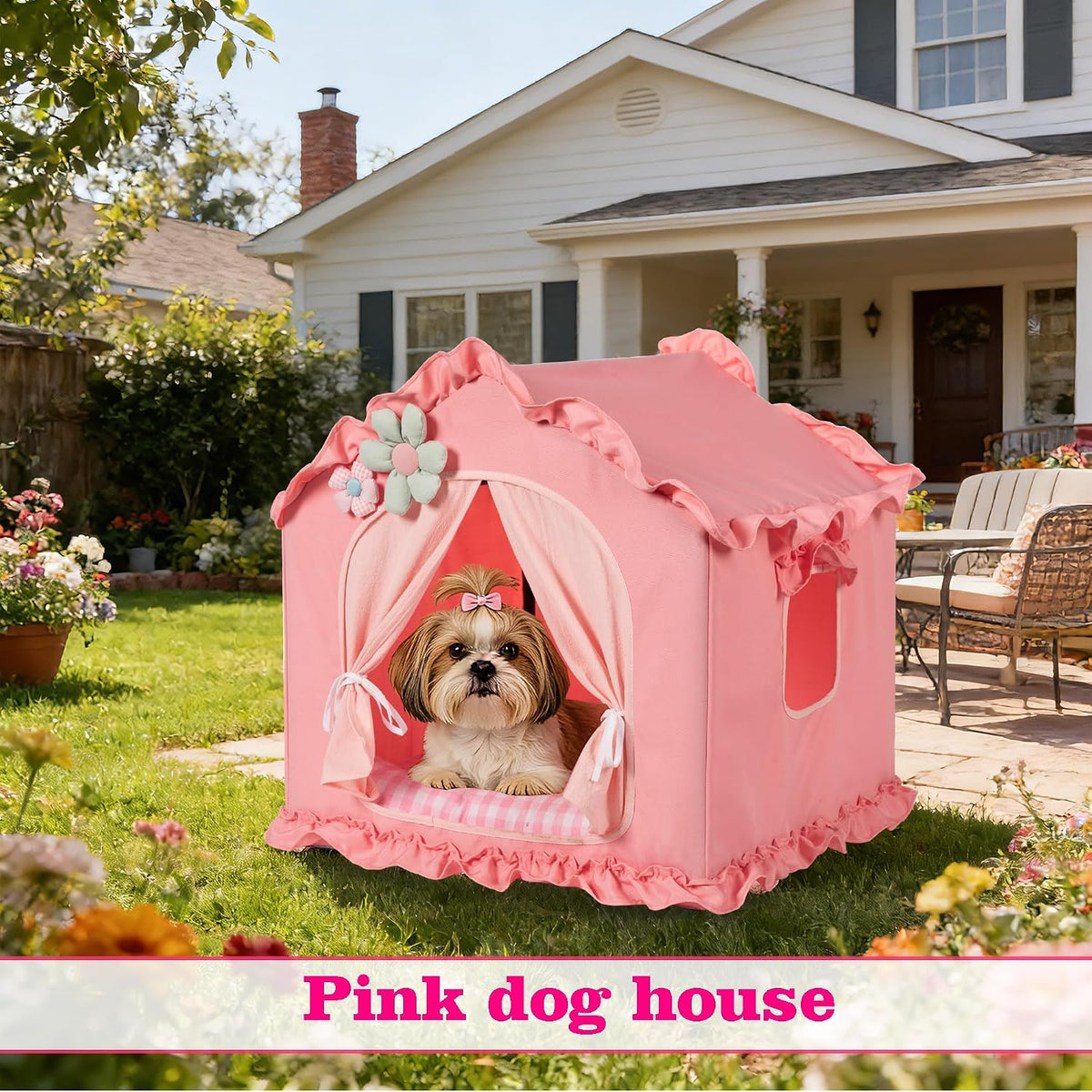 Pink Indoor Dog House with Frame Foldable Breathable for Small Dog