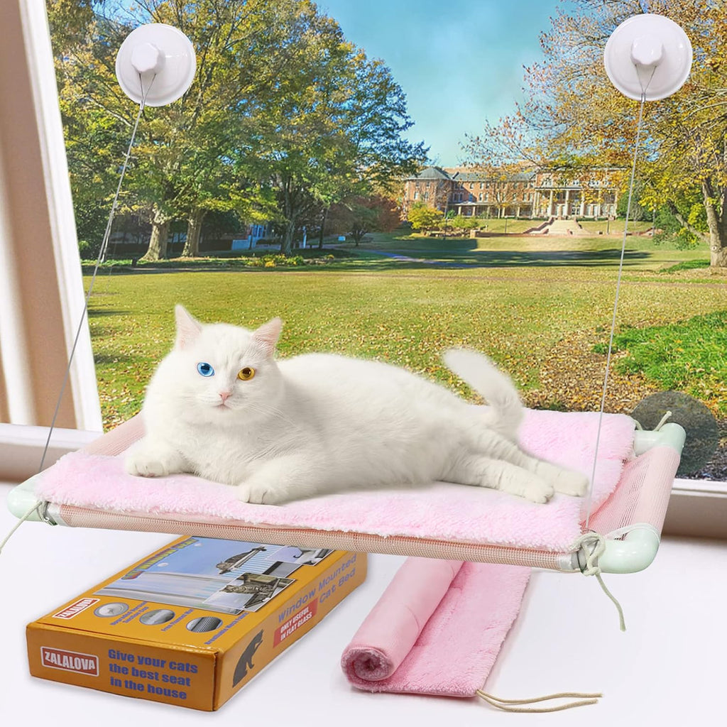 Cat Window Perch, Cat Hammock w/Fleece Blanket, Screw Suction Cups, Pink