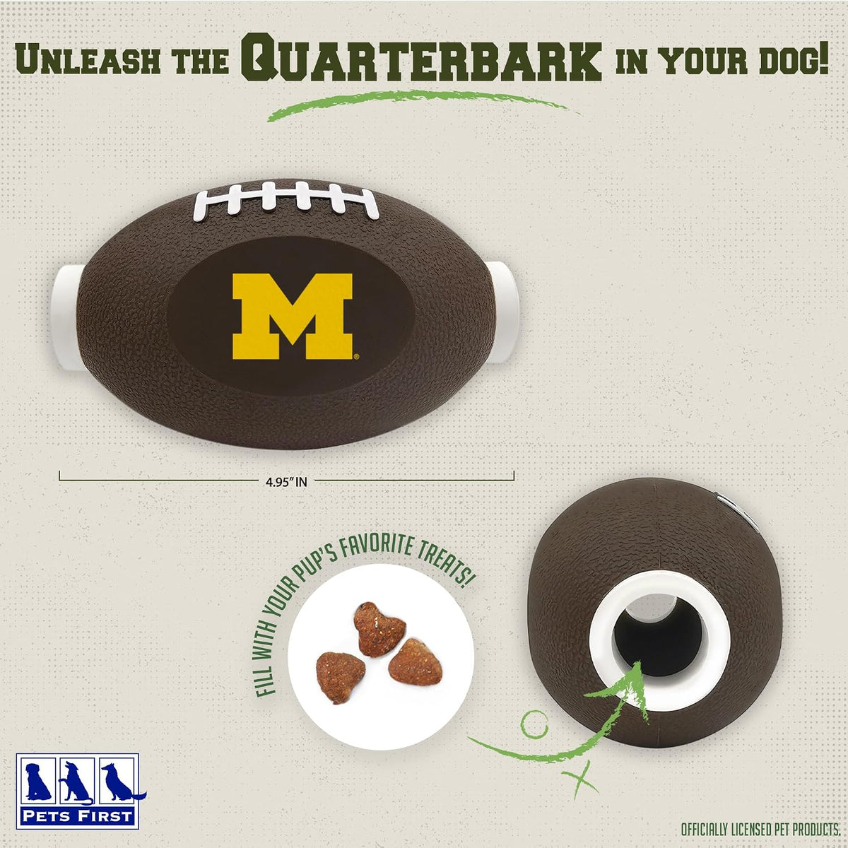 Pets First NCAA Michigan Wolverines Football Treat Dispensing Toy for Dogs and Cats, Rubber Ball Pet Toy, Interactive Fun Doggie Treat Toy, Natural Rubber Feeding Toy (MI-3622)
