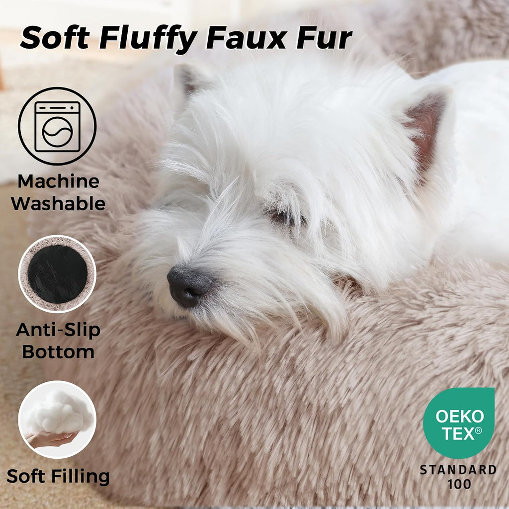 Calming Round Dog Bed & Cat Bed for Indoor Cats, Medium Size Washable Anti-Slip Anti-Anxiety Donut Dog Beds for Small Dogs & Cats, Fluffy Plush Soft Dog Bed(20 Inch, Light Brown)