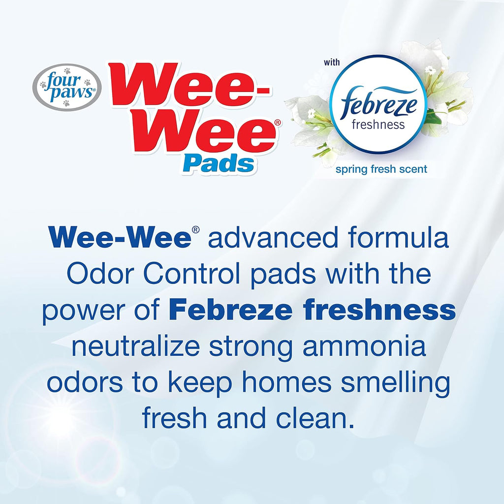 Four Paws Wee-Wee Odor Control Dog Pee Pads with Febreze Freshness | 150 count, spring fresh scent, neutralizes ammonia odors, pee pads for dogs & puppies, dog housebreaking, 22" x 23"