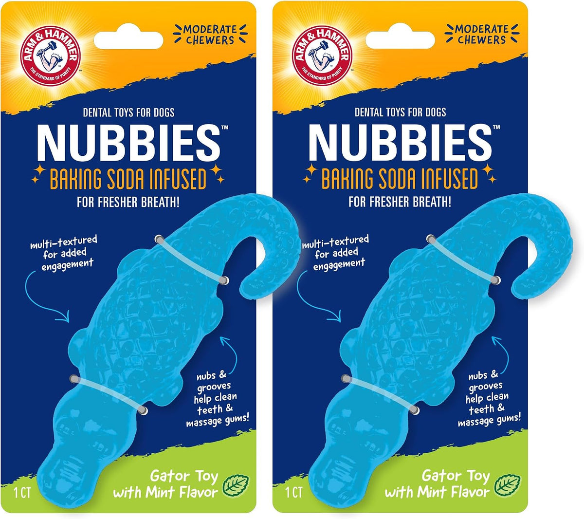 Arm & Hammer Nubbies Gator Dog Dental Chew Toy, Mint Flavor, 2-Pack | Baking soda infused, scrubbing grooves reduce plaque and tartar, no stuffing, for moderate chewers daily