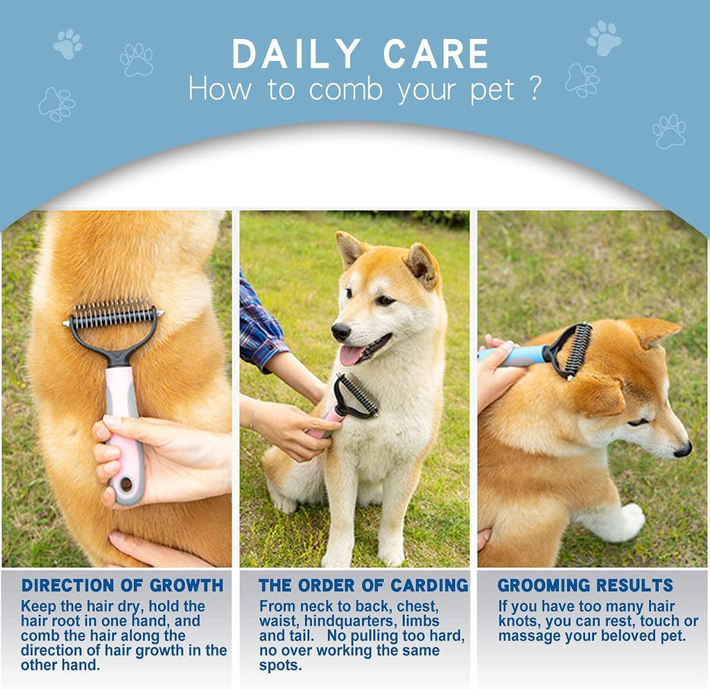 GOESWELL Double-Sided Undercoat Rake for Pet Grooming - Shedding and Dematting Comb with Grooming Glove (Blue 2 Pack)