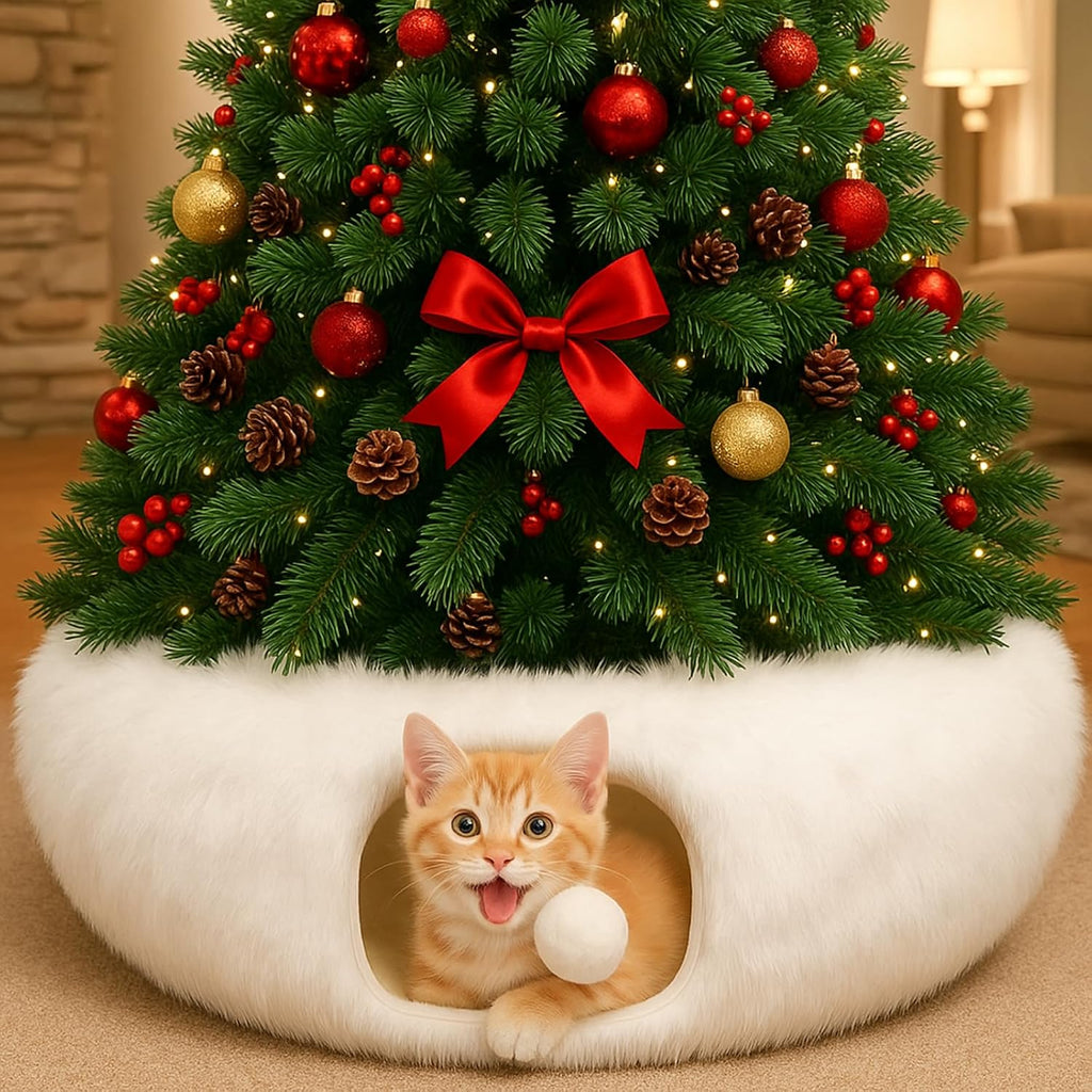 Hollowfly Christmas Cat Bed Tunnel 3ft x 3ft x 9.8in Under Tree Cat Donut Tunnels for Indoor Kittens Xmas Winter Plush Peekaboo Cave Toy Collapsible 3 Way for Small Kitty(Fluffy)