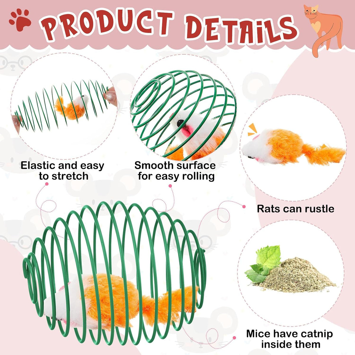 Jecery 5 Pcs Cat Toys Spring,Catnip Rats,Bright Color