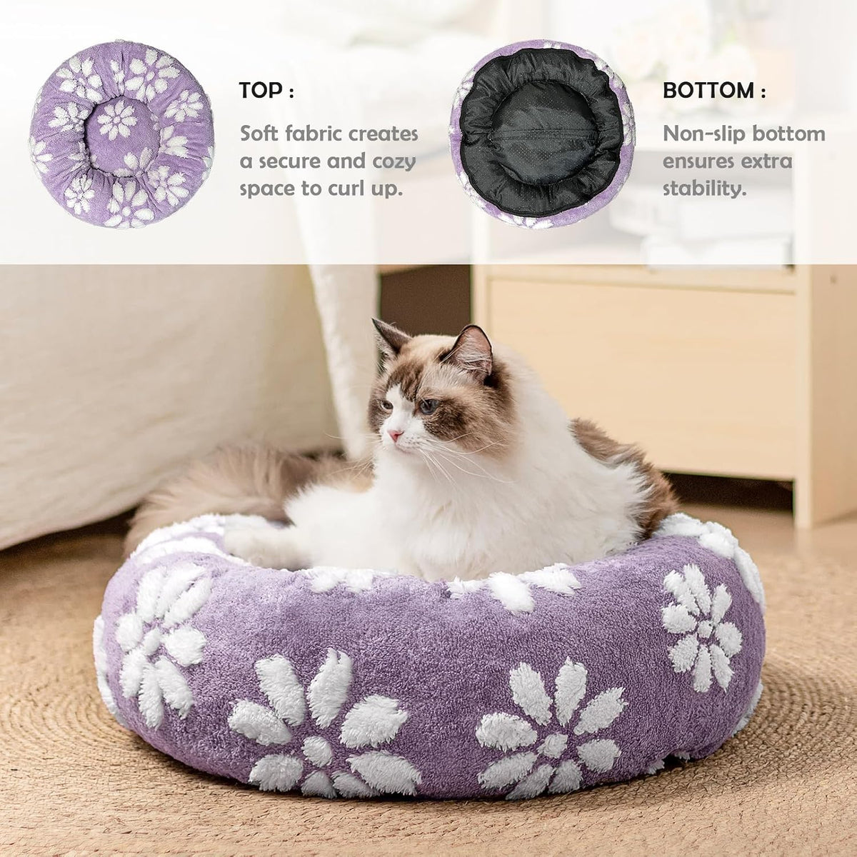Round Cat Beds for Indoor Cats, Small Donut Dog Beds, Purple, 20"