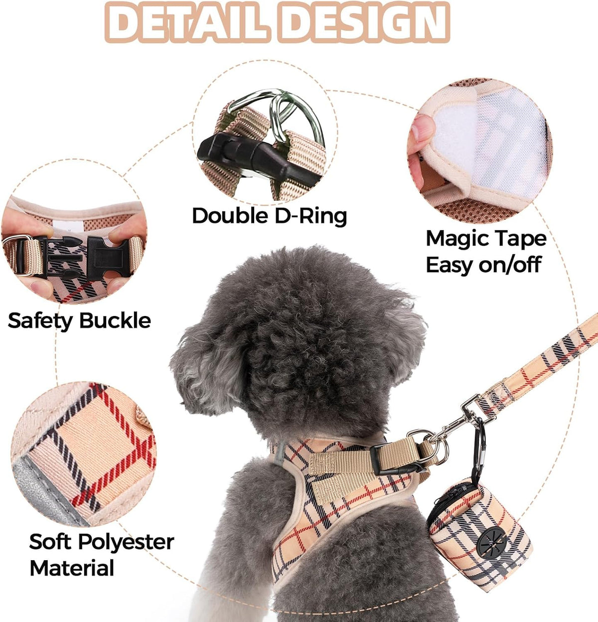 PAWCHIE Dog Harness and Leash Set, Step in No Pull Soft Pet Harness, Reflective Adjustable Puppy Vest for Small Medium Dogs Cats, No Choke Harness Vest with Poop Bag Holder for Walking,Running,Beige M