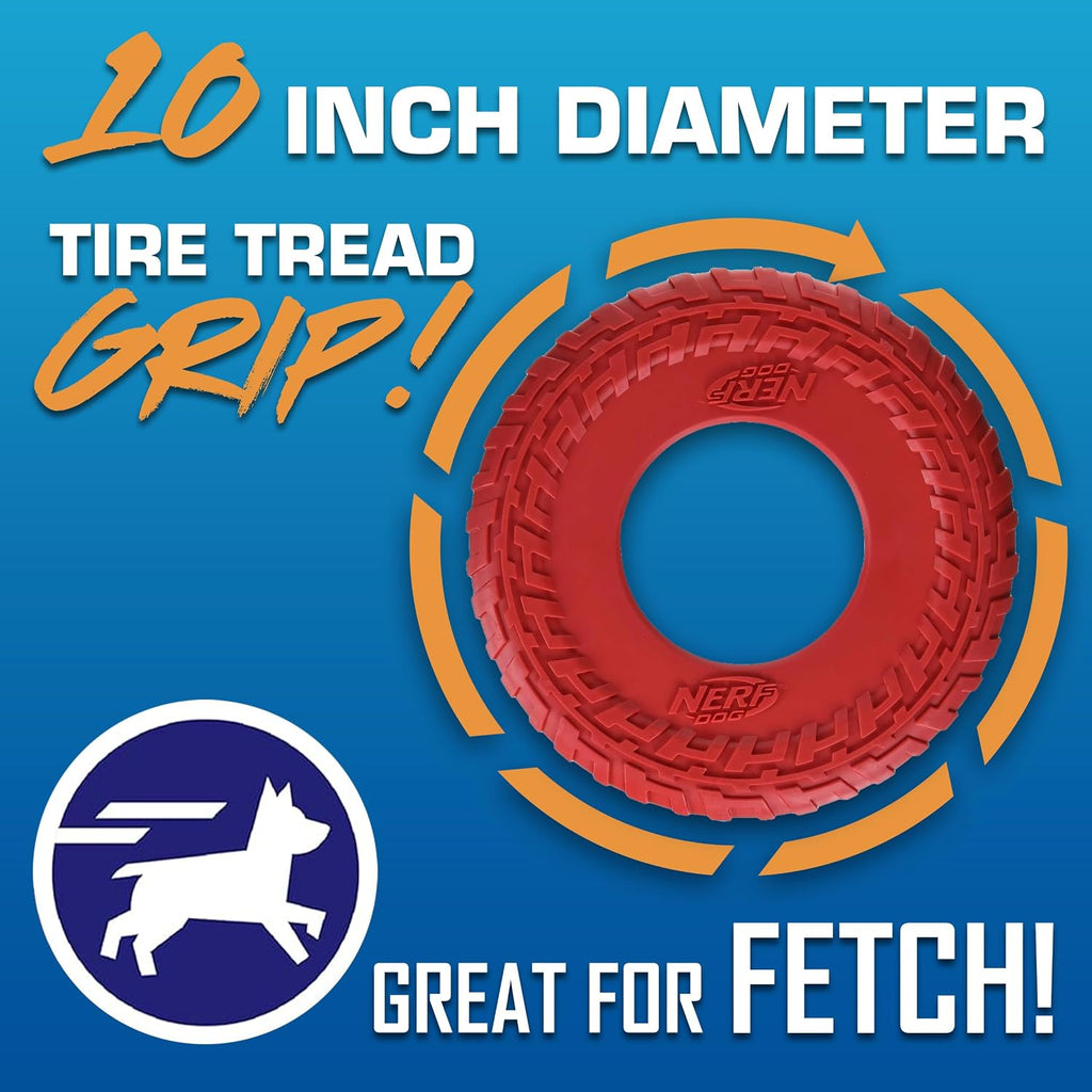 Nerf Dog Tire Flyer Dog Toy Gift Set, 10 Inch Flying Disc Dog Fetch Toys, Rubber Dog Toy for Medium Dogs and Large Dogs, Red, Translucent Green and Translucent Blue, 3 Count
