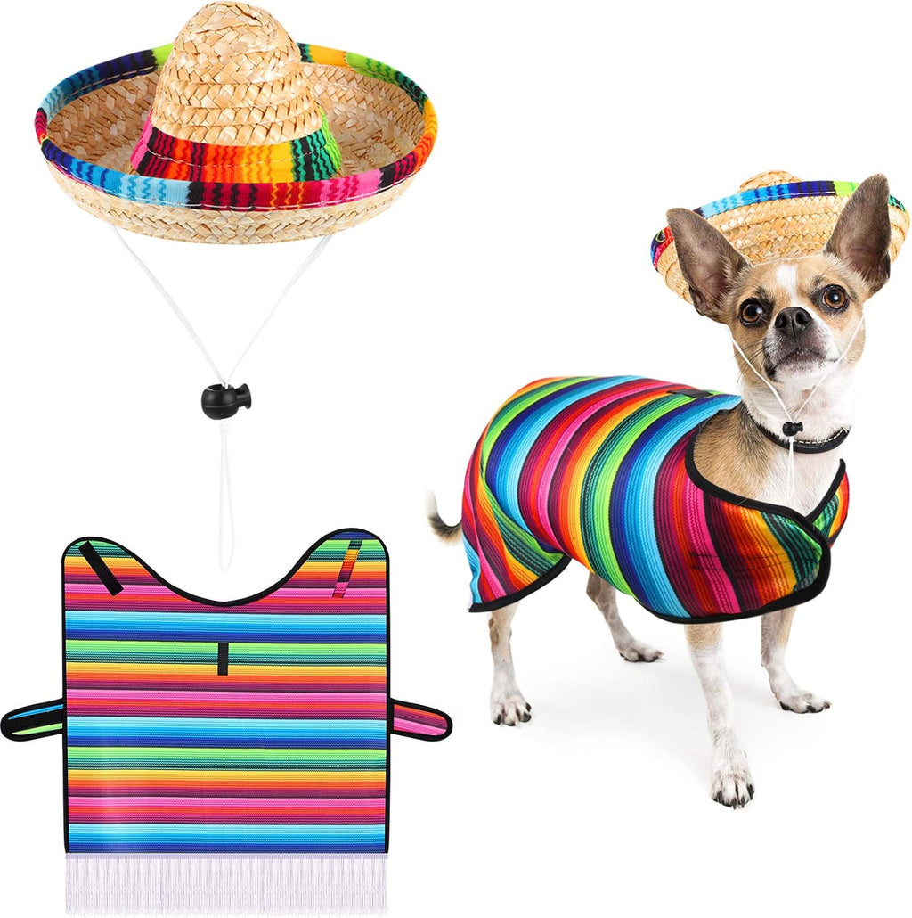 Weewooday 3 Pcs Dog Sombrero Hat and Poncho Halloween Dog Costume S