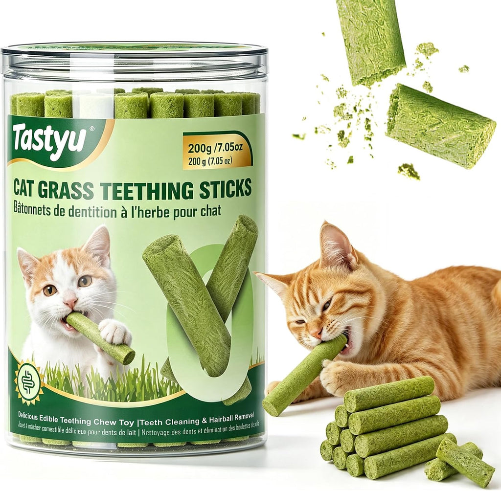 Cat Grass Teething Sticks for Cats, 200g/7.05oz Natural Edible Cat Chew Sticks with Real Chicken & Cat Grass, Teeth Cleaning, Hairball Control & Teething Relief Treats for Cats Over 3 Months Old