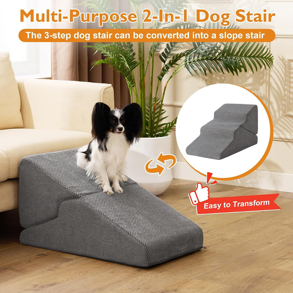 Ahpmeoa Dog Stairs for Small Dogs 16’’ H, 3-Step Dog Steps for Bed, Grey