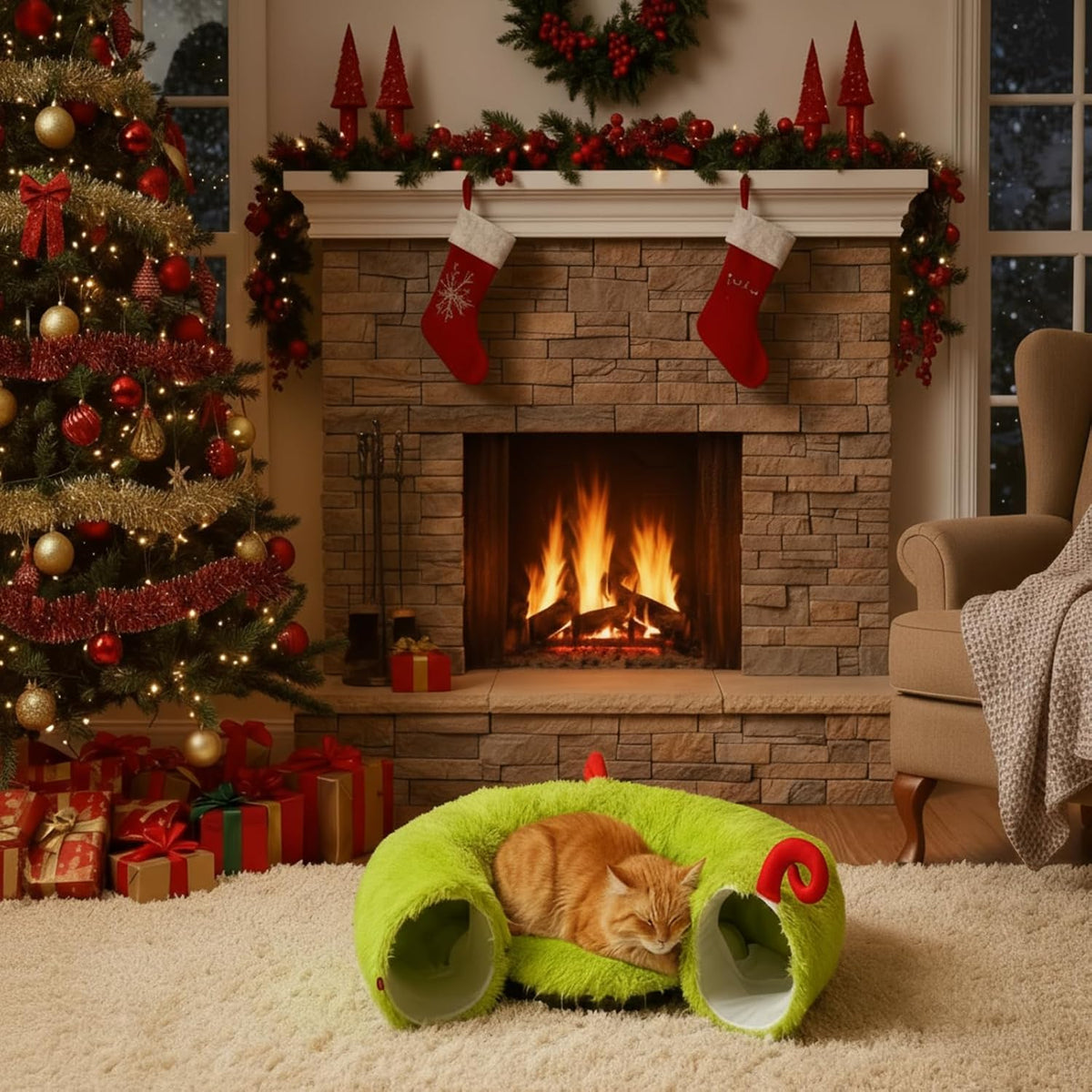 Frienda Christmas Cat Tunnel Bed Under Christmas Tree 3ft x 3ft x 9.4in
