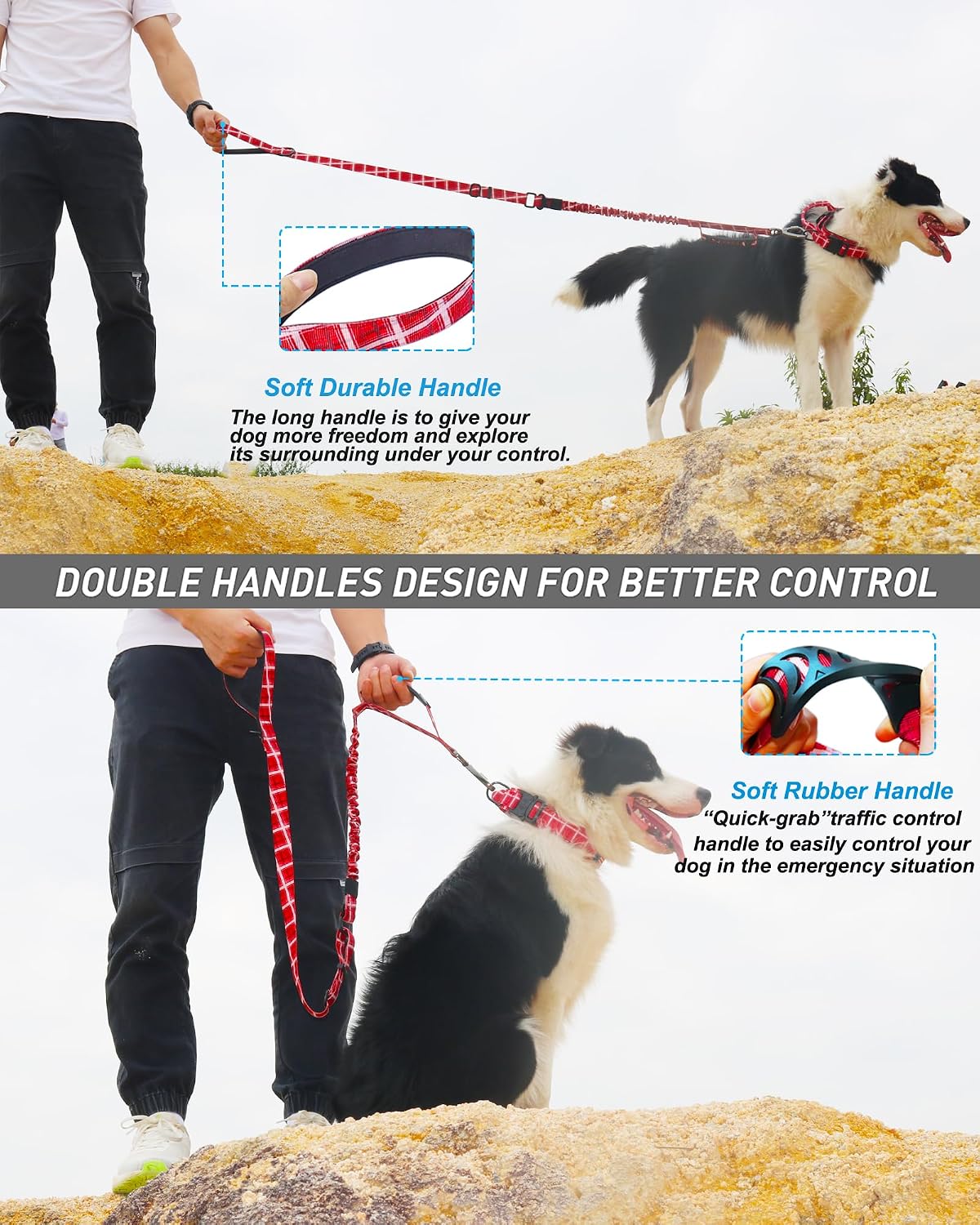 Hotsky Tactical Bungee Shock Absorbing No Pull Dog Leash,Red Plaid,4-6FT