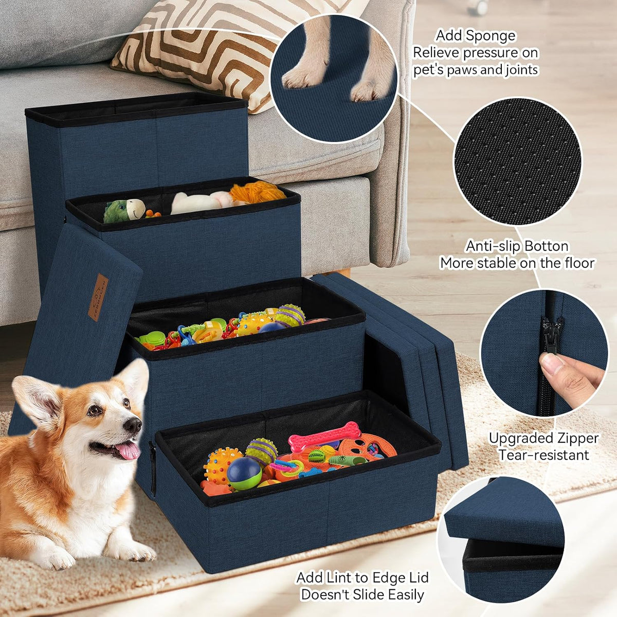 Zerbuger Dog Stairs with Storage, Navy Blue 4 Steps Dog Ramp no Condo