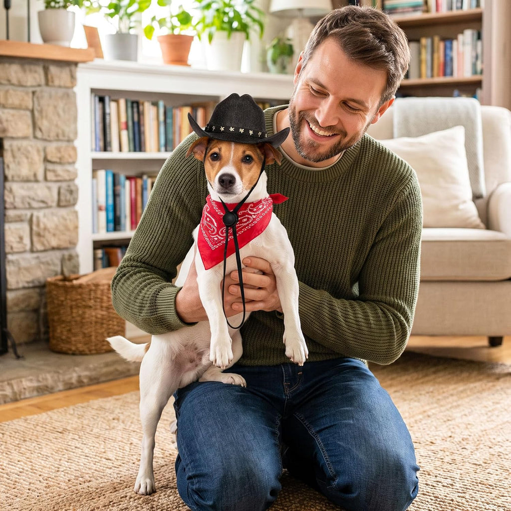 Pet Cowboy Costume, Dog Cowboy Hat with Bandana Scarf, Adjustable Cat Cowboy Hat for Party Cosplay Christmas, Halloween Cowboy Costumes for Small Pet Dogs Cats (Black, Medium)