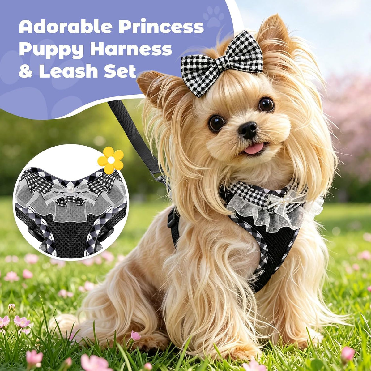 ABRRLO Cute Puppy Harness and Leash Set for Small Dogs Cats Boys,Black M