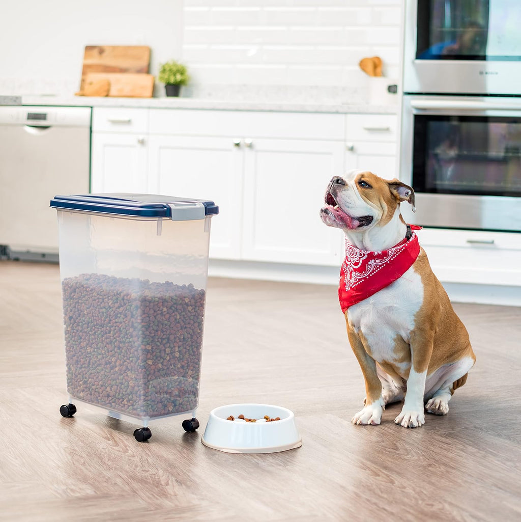 IRIS USA Dog Food Storage Container, Up to 38 lbs, Navy, Made in USA | Wheels for Mobility, Airtight Seal, BPA-Free, Best for Bird Seed, Cat food, Cat Litter, Chicken Feed, Pellets 