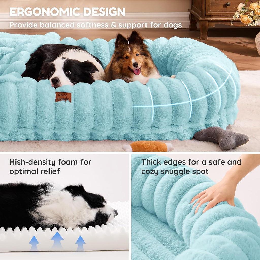 ChiXnuggle Orthopedic Human Dog Bed,Striped Faux Fur Washable Cover,Blanket