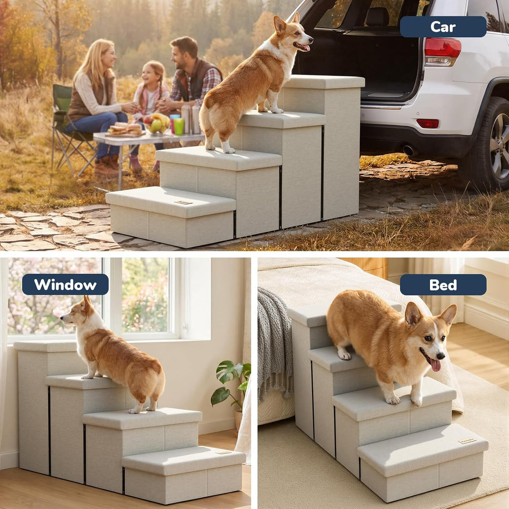 4-Step Wide Dog Stairs with Storage 23" H, Non-Slip Sturdy Pet Steps for High Bed Couch Window, Pet Stairs for Small/Medium/Large Old Dogs Cats Up to 220lbs, Cat Dog Steps for Car/SUV, Beige