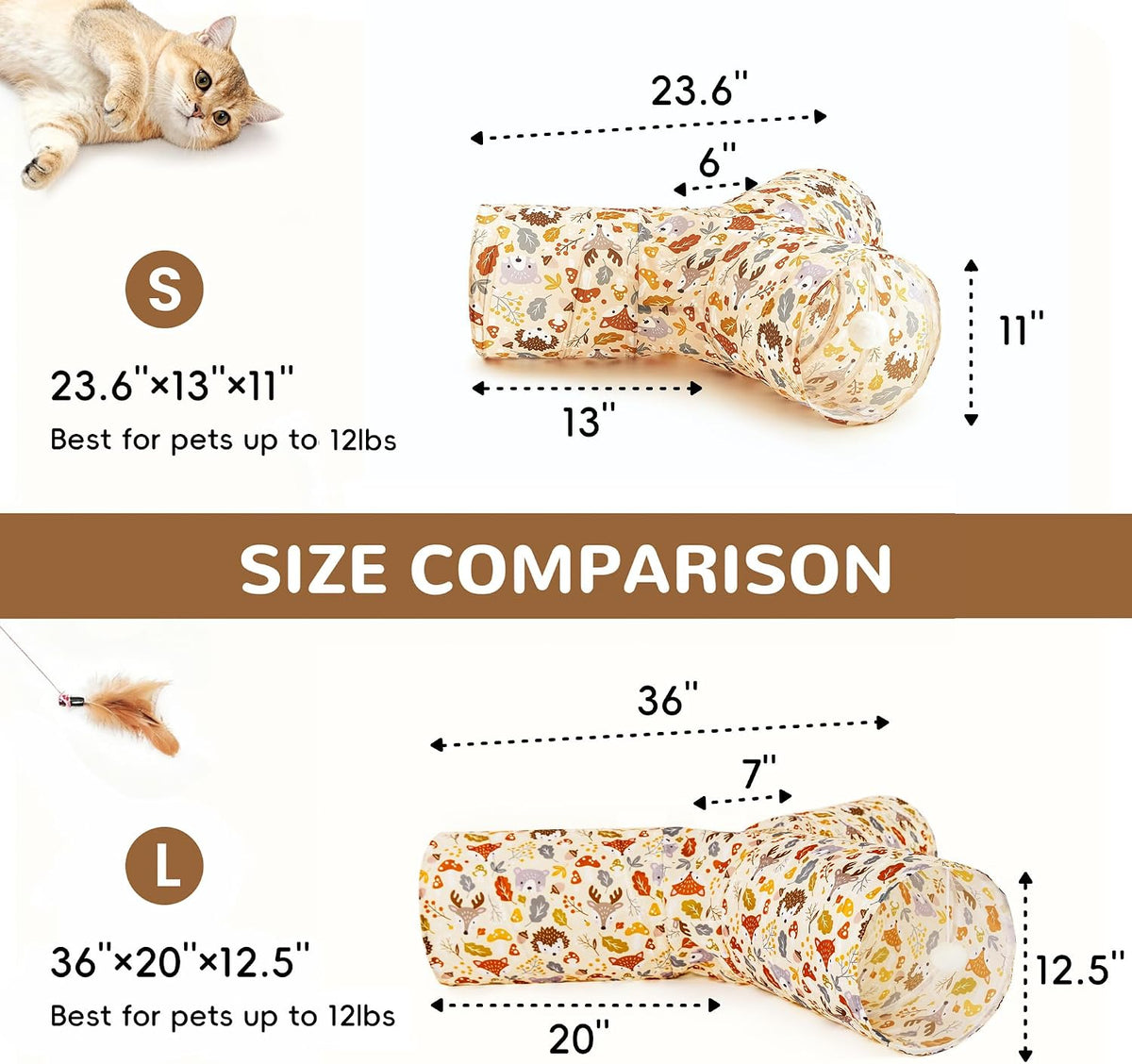 Tempcore Cat Tunnel, 3-Way Collapsible Toy, Large Size Beige Deer | Large Size 3-Way Cat Tunnel Provides More Room for Cats to Run, Hide and Chase, with Peek Holes, Hanging Ball and Teaser Wand