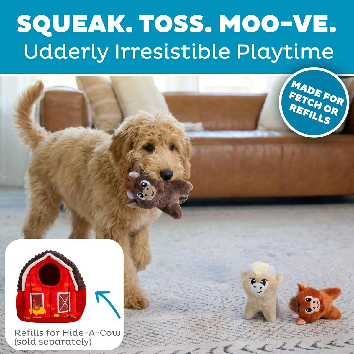 Outward Hound Squeakin’ Cows Dog Toy, Plush Highland Cow with Squeaker, Hide-A-Cow Replacement, Puppies & Small Dogs, 4.3”, 3-Pack