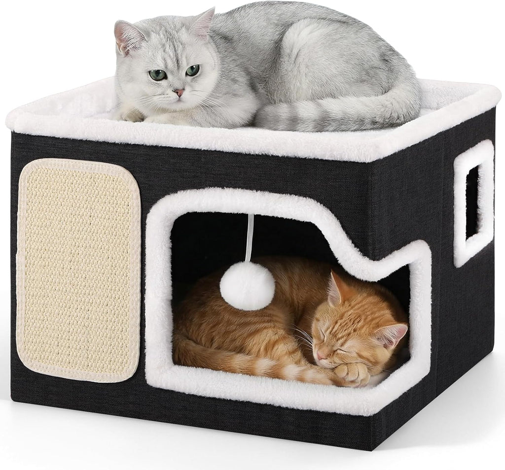 Shikha Cat Bed House for Indoor Cats with Fluffy Ball and Scratch Pad Black