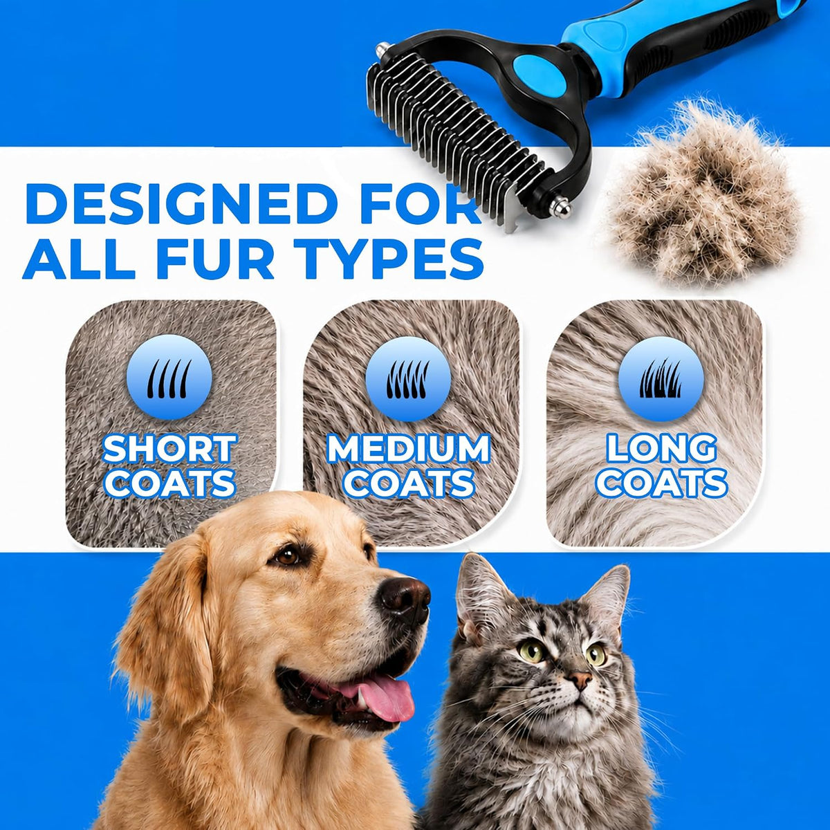 2-in-1 Double-Sided Pet Grooming Comb for Dogs & Cats - Deshedding Brush & Rounded-Tooth Dematting Tool | Painlessly Removes Knots, Tangles, Loose Undercoat & Fur in Thick/Long Coats (Blue-Large*2)