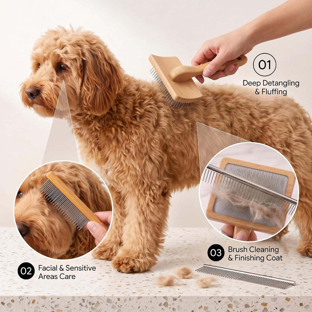 3-in-1 Long Pin Slicker Brush Set, Pet Grooming Kit, Natural Wood