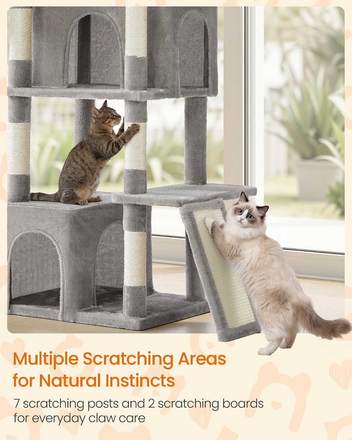 Feandrea 72.6-Inch Tall Cat Tree Tower for Indoor Extra Large Cats, Scratching Posts, Scratching Boards, Multi-Level Design, Dove Gray UPCT014G101S