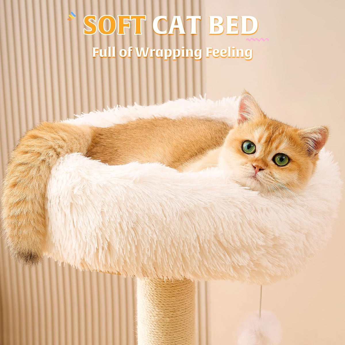 HITTITE Solid Wood Cat Tree Tower with Scratching Post, 37.8 Inches Tall Cat Towers with Scratching Board and Scratcher Ball, Modern Cat Tower With Space Capsule and Removable Top Bed for Indoor Cats.