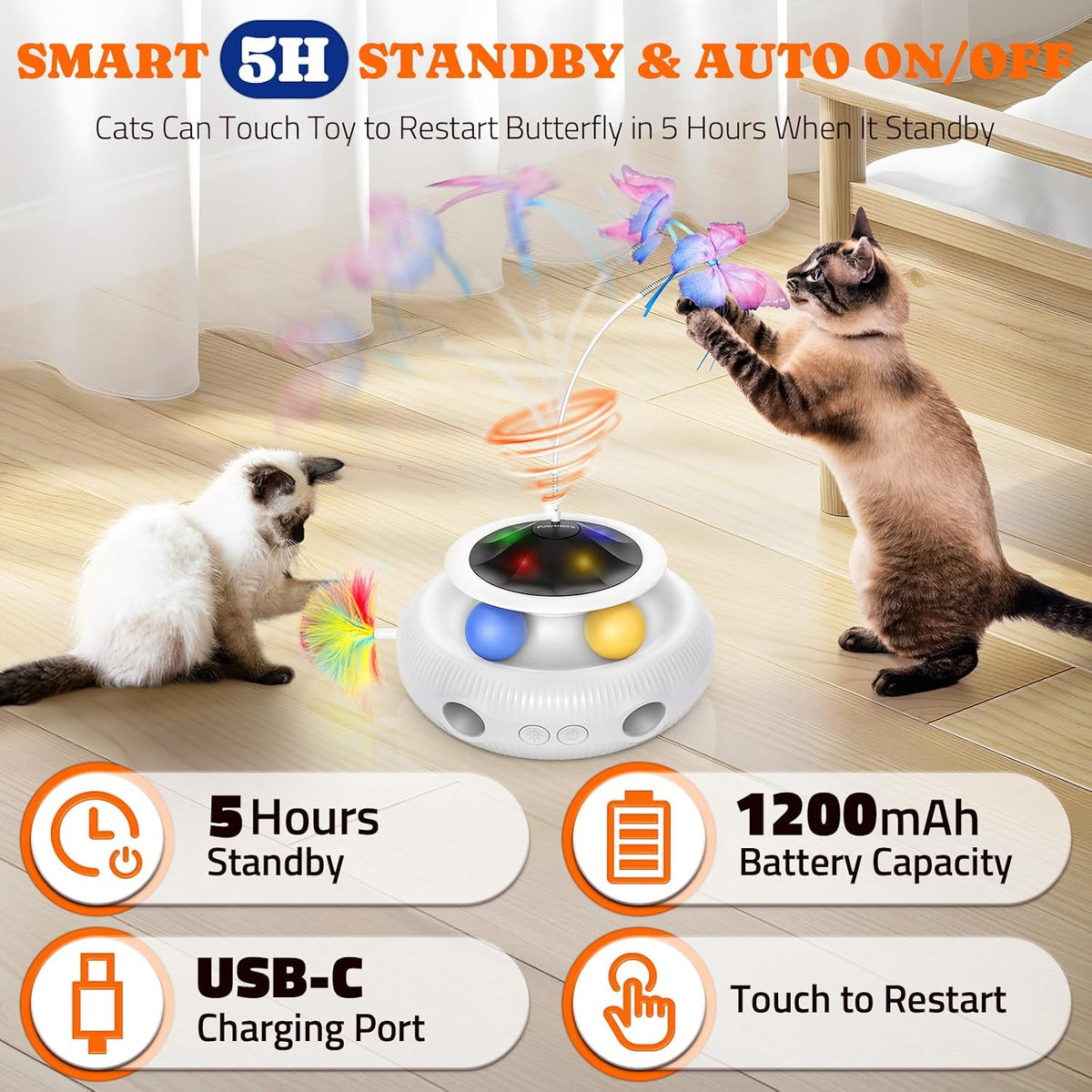 Pawtners Cat Toys, Automatic Interactive Kitten Toys for Indoor Cats, White