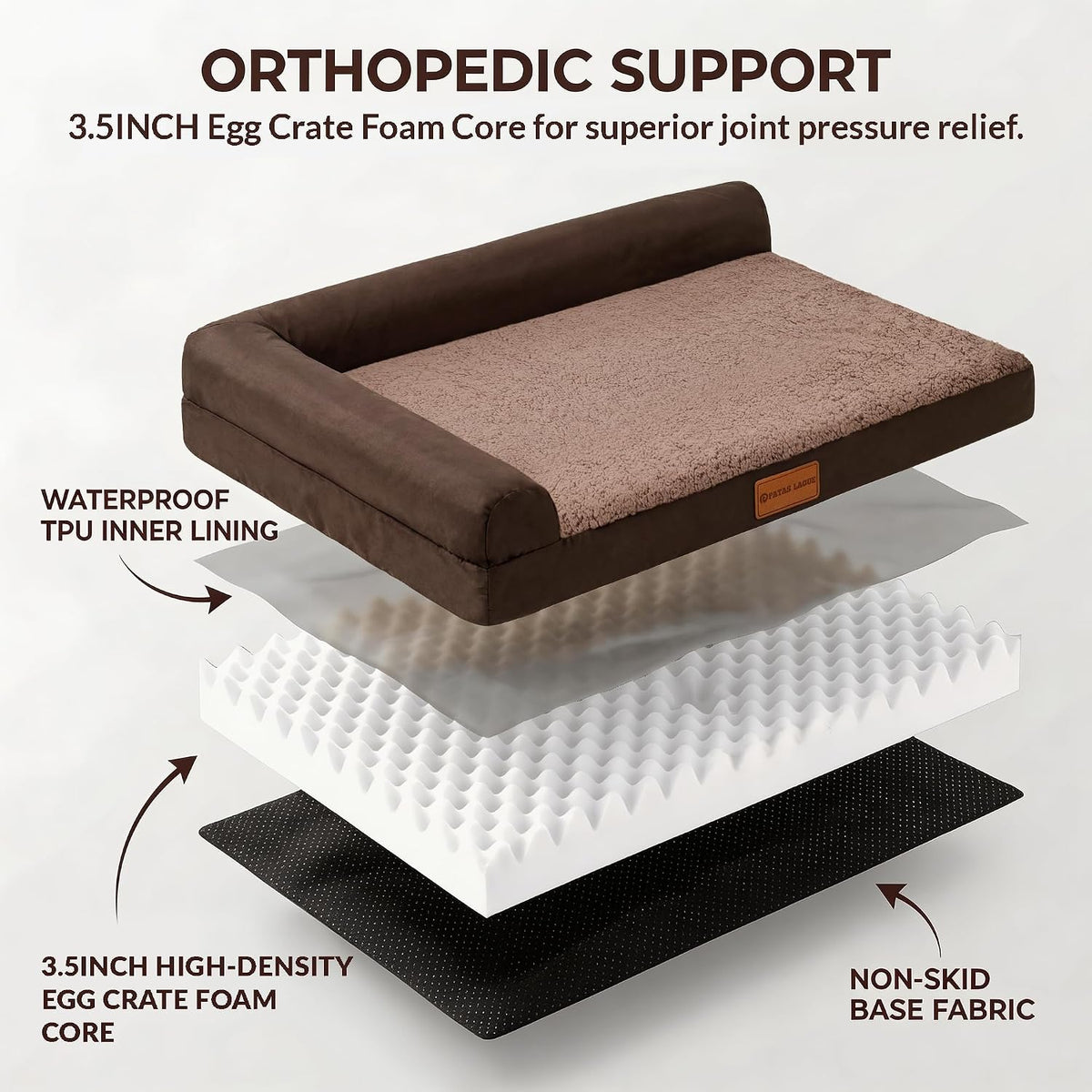 Patas Lague Orthopedic Medium Dog Bed Washable Pet Sofa Bed 30''X20''Brown
