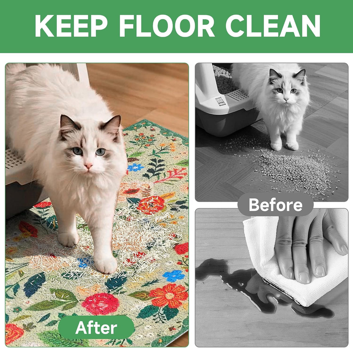 Cat Litter Mat, 24" x 16" Litter Box mat, Upgrade Non-Slip Kitty Litter mat, Traps 100% Litter, Soft on Kitty Paws, Easy Clean for Scatter Control, Bohe cat Food mat, Urine Waterproof | Traps 100% Litter, Cute litter mat for litter box, Soft on Kitty P...