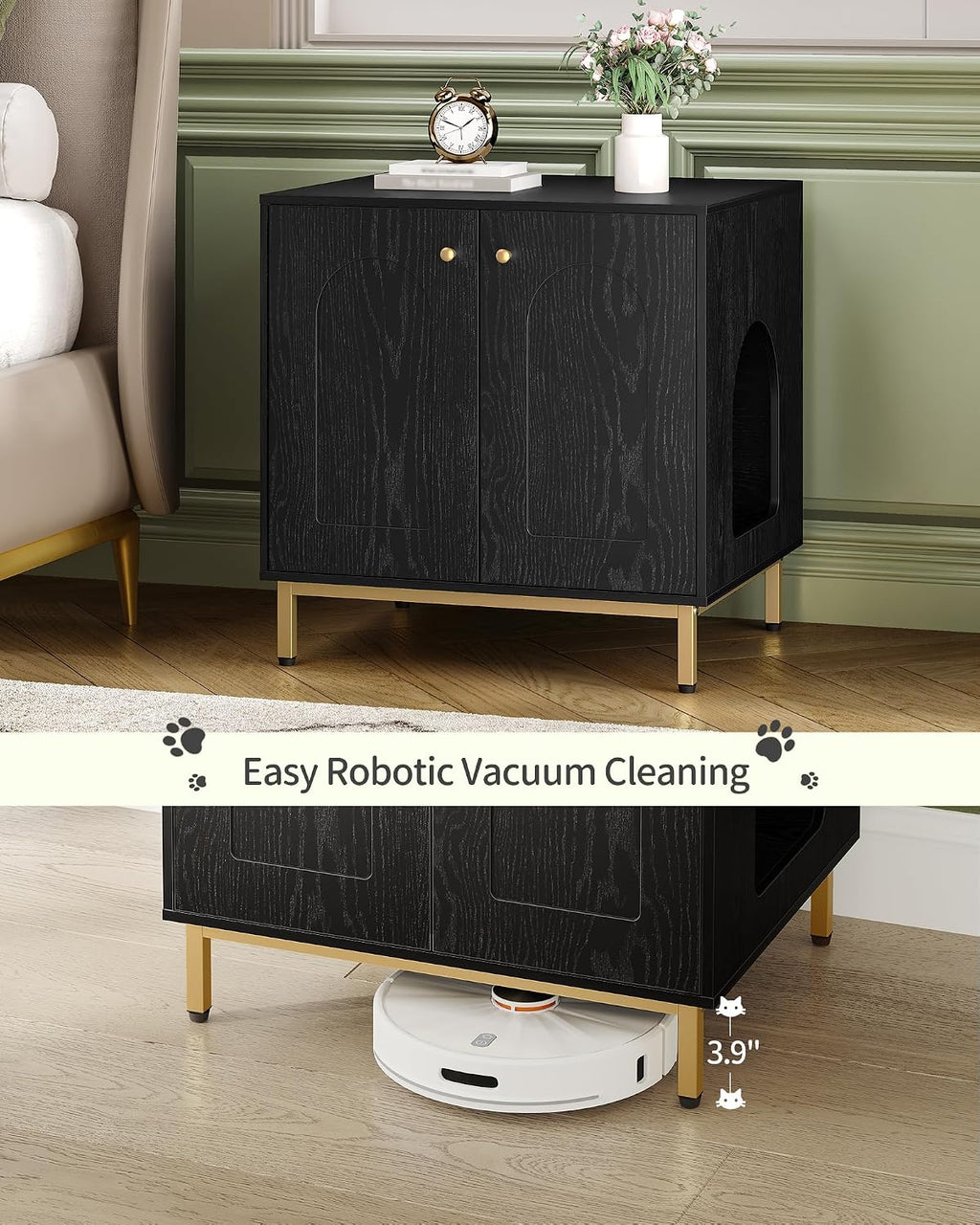 Hzuaneri Cat Litter Box Enclosure, Hidden Litter Box Furniture, Sisal Mat | Wooden Indoor Cat Cabinet, Modern Cat Washroom, Side End Table, for Living Room, Bedroom, Black CB81204G