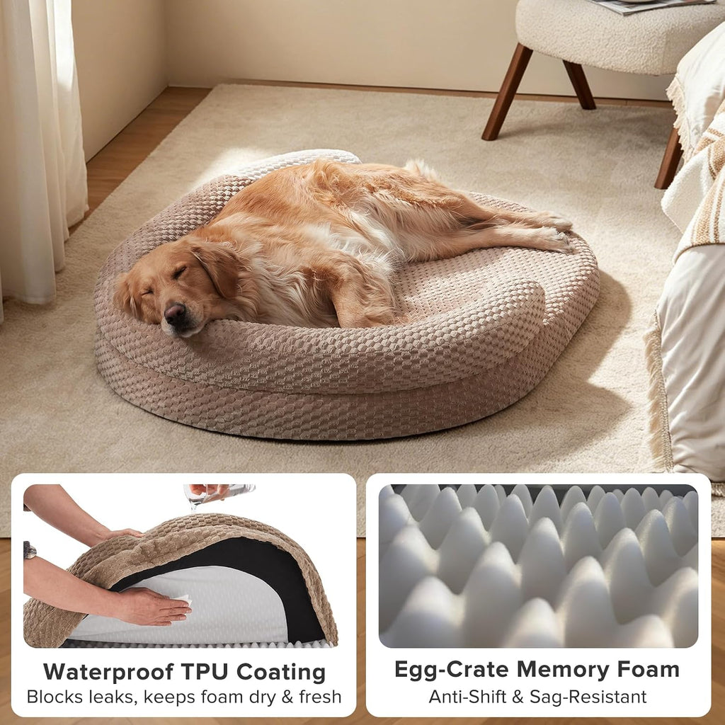 JOEJOY Orthopedic Dog Beds Large Sized Dog, Washable Waterproof Oval Large Dog Bed with Removable Cover, Big Egg-Crate Memory Foam Pet Bed with Bolster Sides & Non-Skid Bottom, Brown, 36''x27''