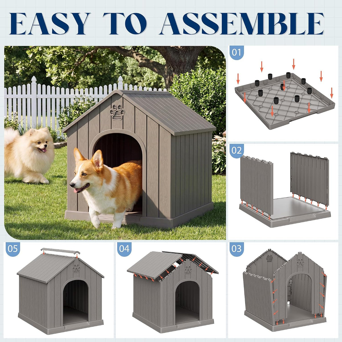 Dog House Outdoor, Plastic Small Dog House-Weatherproof Design with Air Vents & Elevated Floor for Small to Medium Dogs, Easy Clean and Assemble (Standard Grey, 26''L × 23.6''W × 25.8''H)