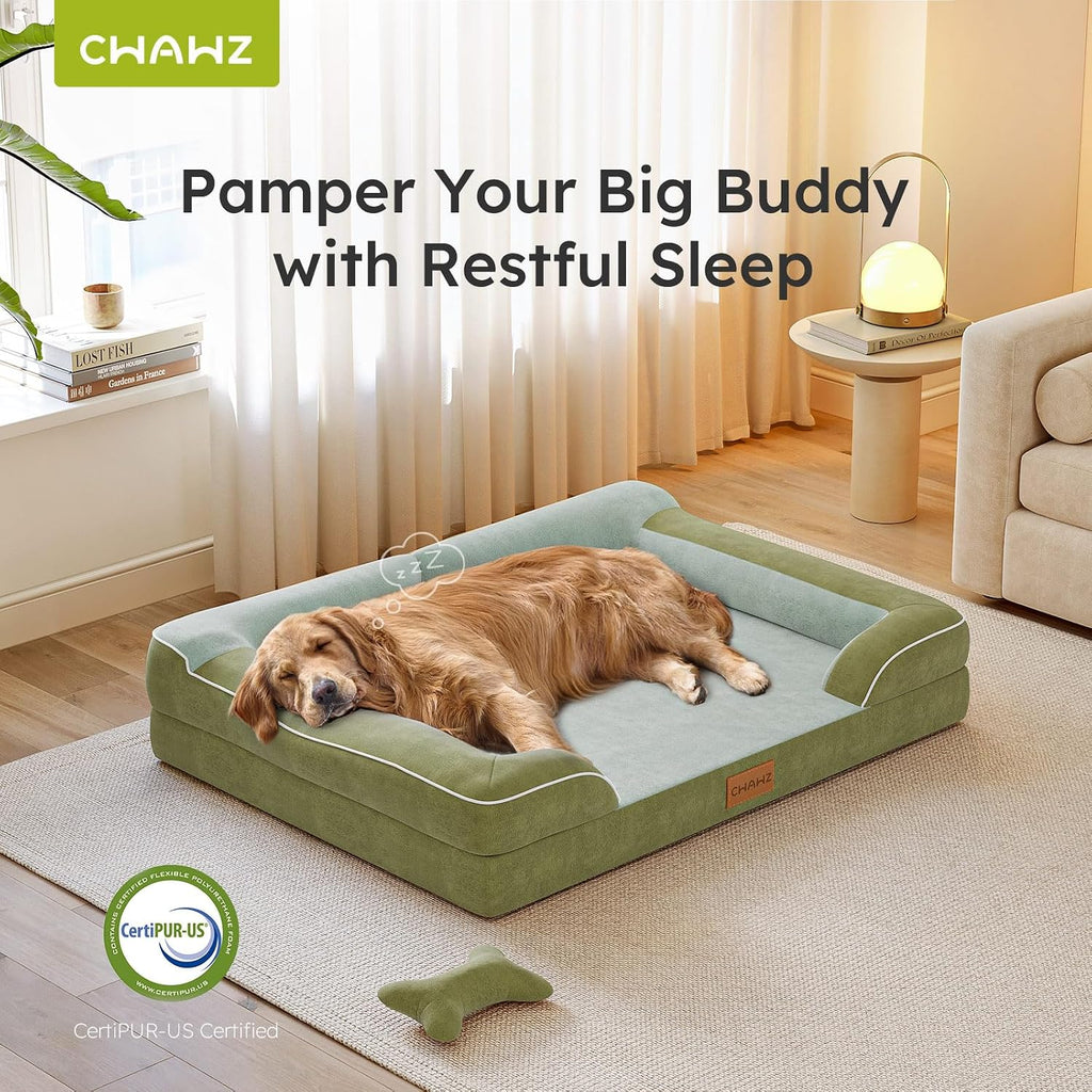 CWAWZ Jumbo Dog Bed for Extra Large Dogs, Orthopedic Dog Bed with Cooling Gel Memory Foam, Waterproof Pet Bed with Removable Washable Cover, 45" Pet Sofa Couch Dutch Velvet with Bone Toy, Dark Green