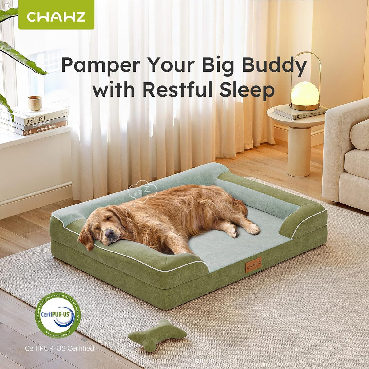 CWAWZ Jumbo Dog Bed for Extra Large Dogs, Orthopedic Dog Bed with Cooling Gel Memory Foam, Waterproof Pet Bed with Removable Washable Cover, 45" Pet Sofa Couch Dutch Velvet with Bone Toy, Dark Green