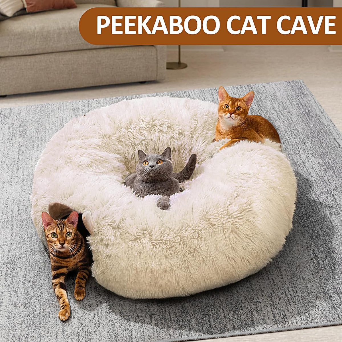 Cat Tunnel with Cat Bed for Indoor Cats, Soft Plush Peekaboo Cat Cave Donut Tunnel, Multifunctional Playground Toys Hideplace for Small Medium Large Kittens, Rabbit, Ferret (Cream White)