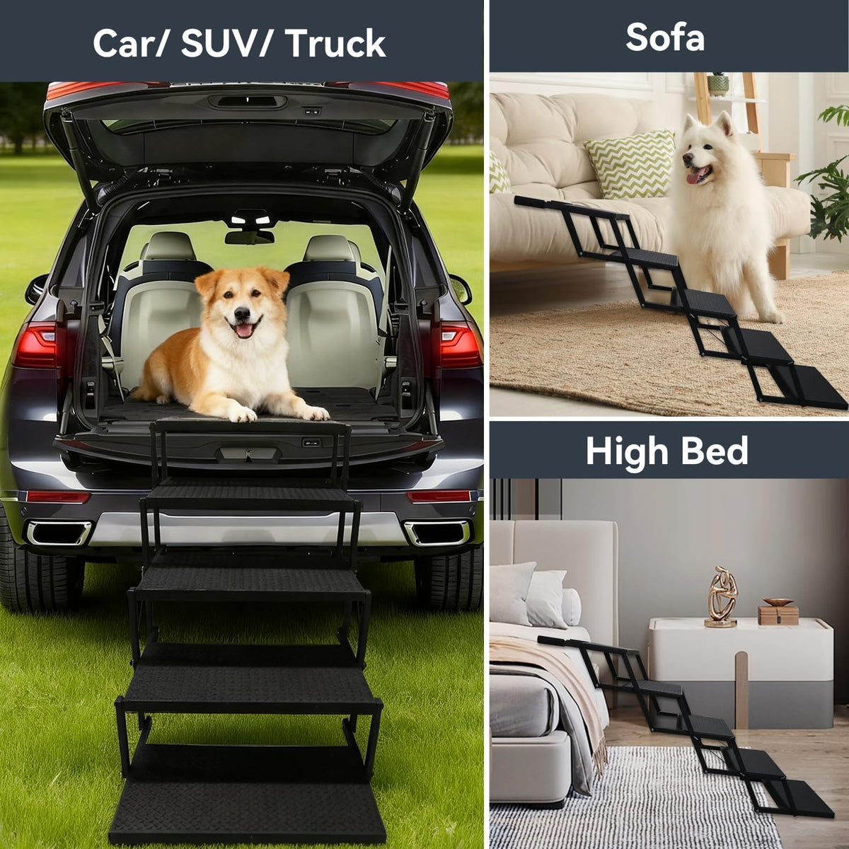 Dog Steps for Car, Truck, SUV, Dog Ramps for Cars with High Traction Surface, Portable Waterproof Dog Stairs for Large Dogs, Supports Up to 200 lbs, 6 Steps